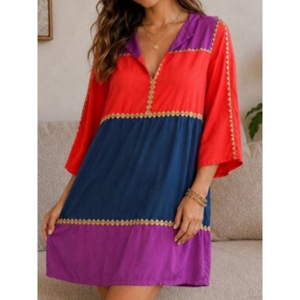 BCBGMAXAZRIA Aidas 100% Silk Colorblock Mini Shift Dress Metallic Retro Small